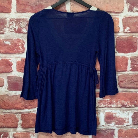 ANTHROPOLOGIE ELLA MOSS BLUE MULTICOLOR COLORBLOCK RETRO TRIM STYLE BLOUSE - Picture 2 of 6